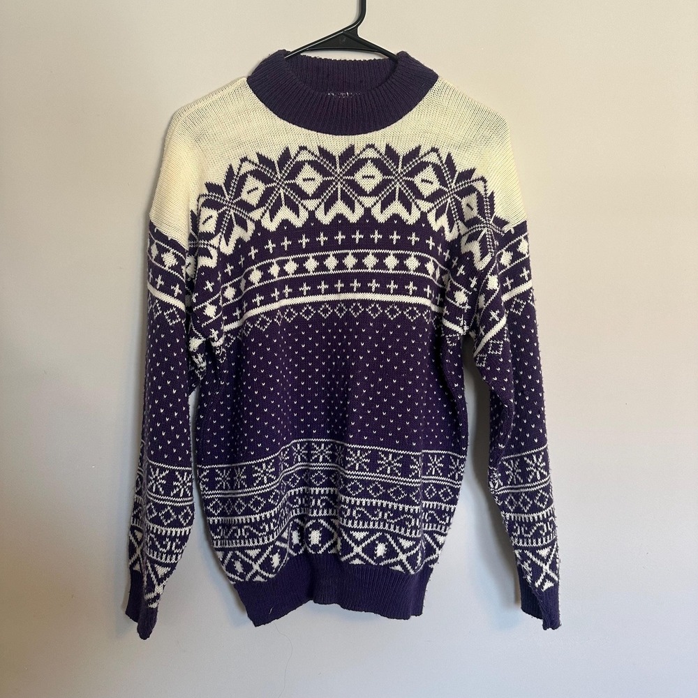 Vintage American Pride Purple White Fair Isle Snowflake Sweater Large USA Made